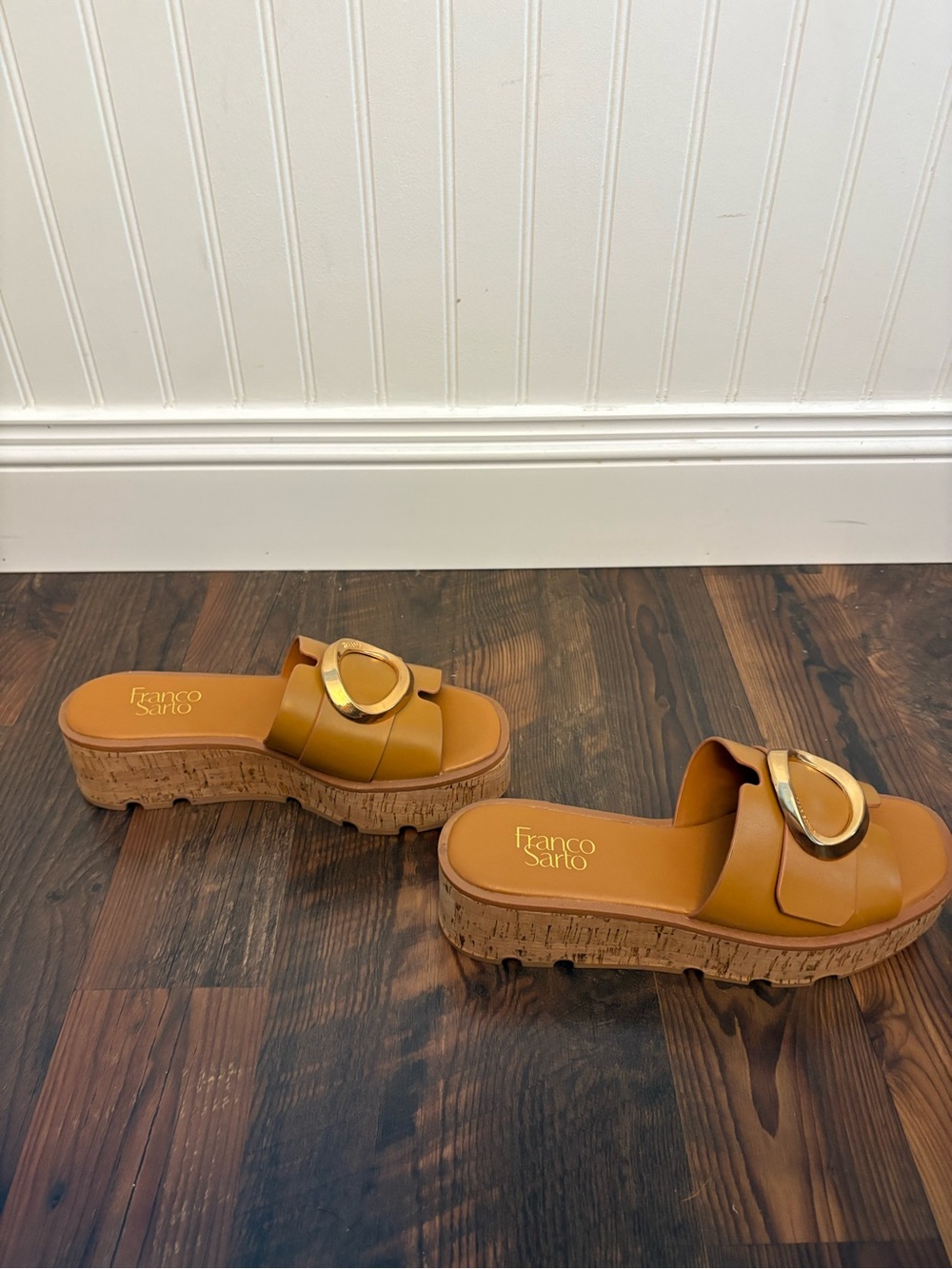 Franco Sarto Cognac Slide Sandals with Gold Oval Accent - Picture 4 of 8